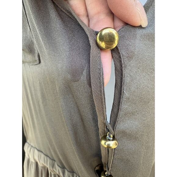 Chloe Sheer Olive Green 100% Silk V-neck Drop Waist Dress Gold Buttons FR40/US 8 - Picture 12 of 16